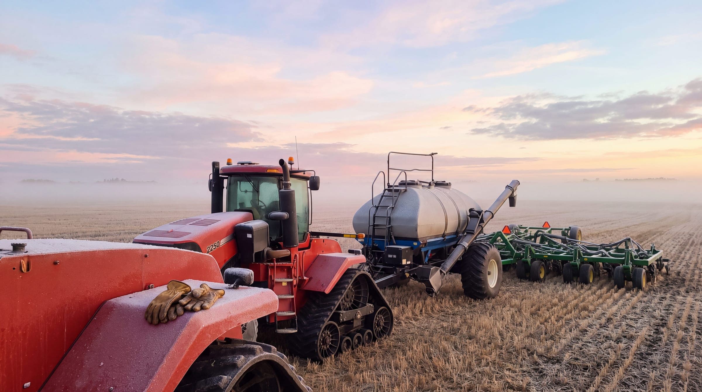 A tracked tractor with an air cart and drill parked in frosty stubble at dawn, work gloves on the fender